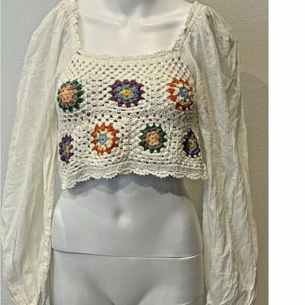 Boho Crochet Floral Crop Top with Sheer Sleeves